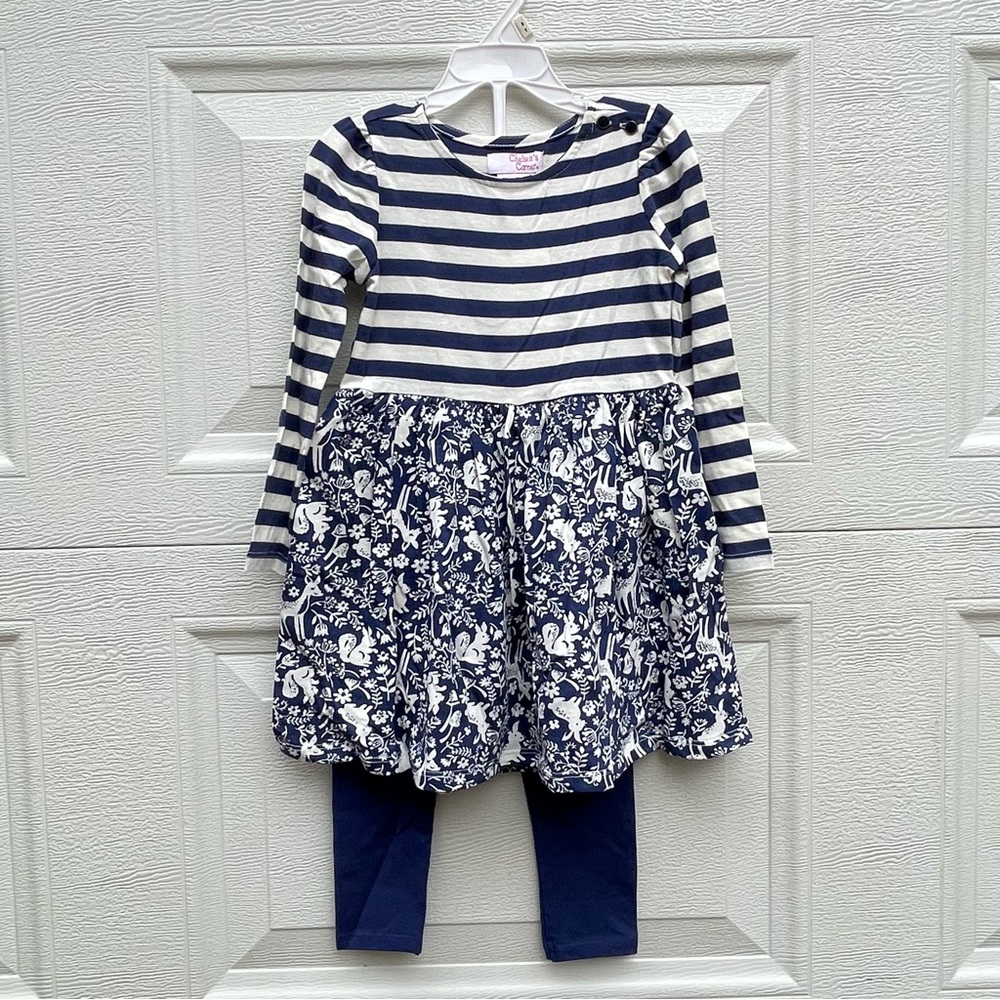 3T dress & leggings set Chelsea’s Corner Navy blue and white with animals print